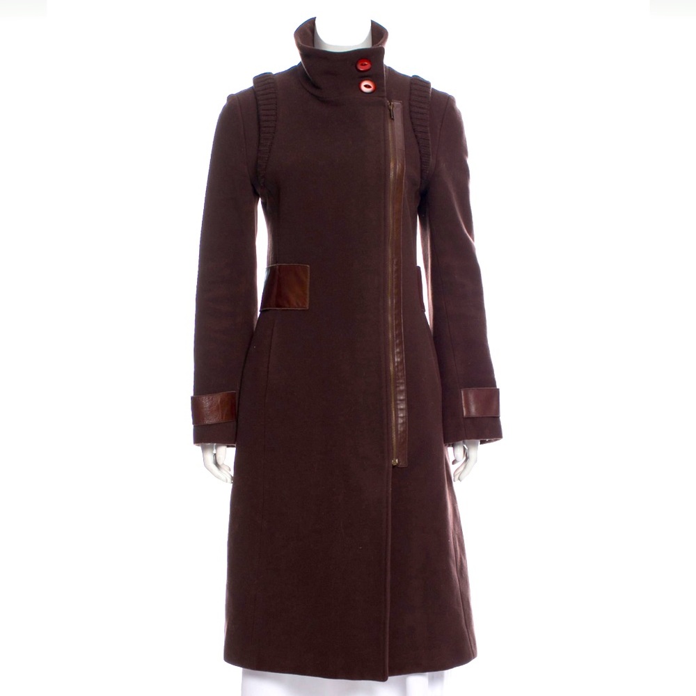 Mackage Peacoat Wool Leather Trim Zip Peacoat Jacket Brown Size Medium 6
